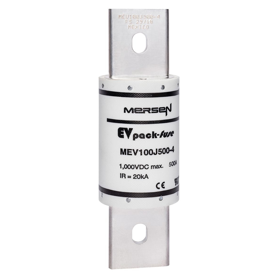 MEV100J500-4 - EVpack-fuse MEV100, 1,000 VDC Max., L/R ≤ 1ms, 500 A, Round Body Fuse